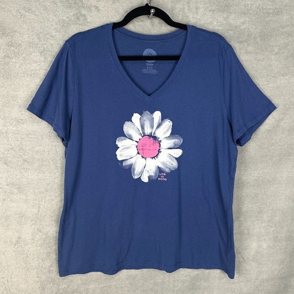 Life Is Good Tshirt Womens Large Blue Classic Fit Short Sleeve Tee Flower Spring